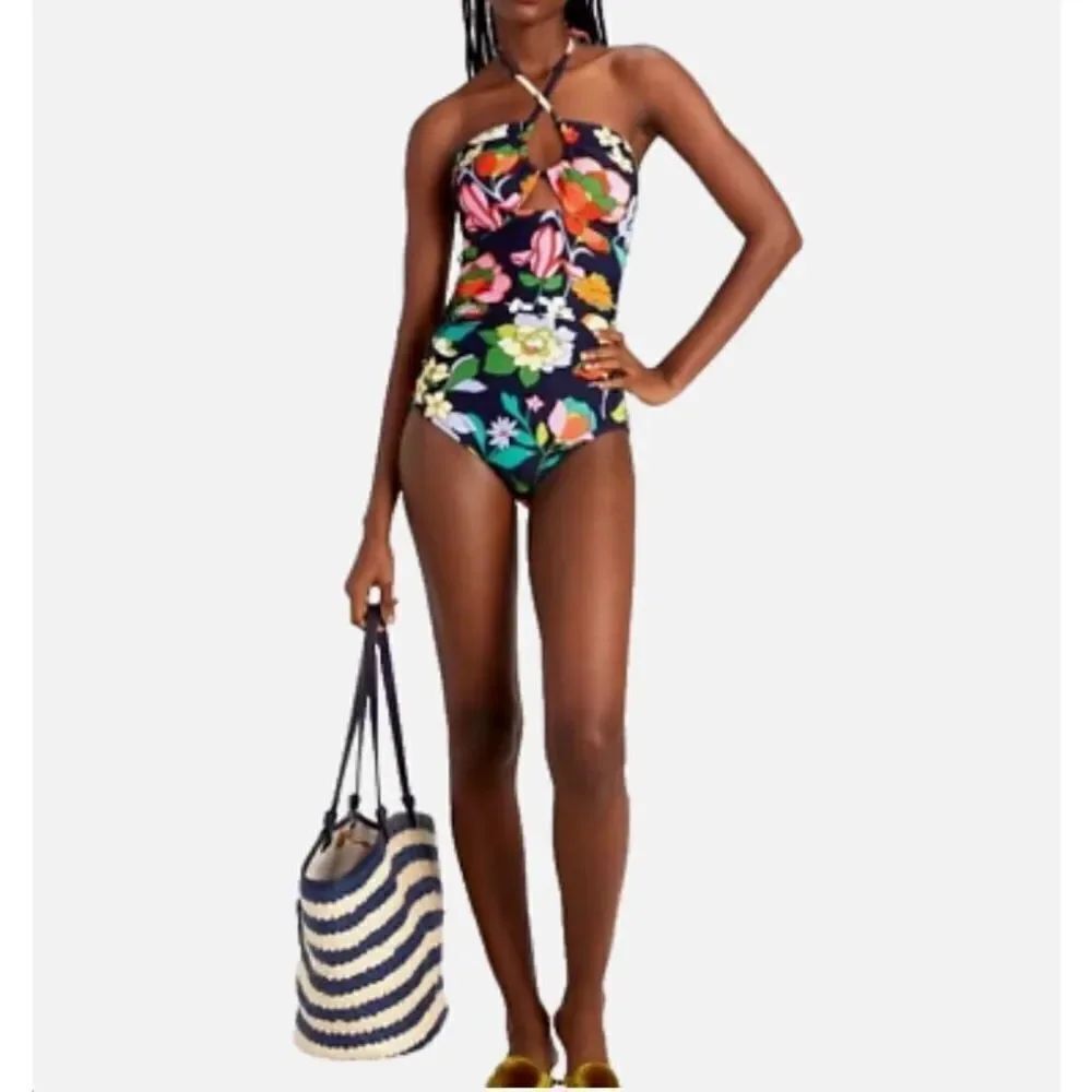 Kate Spade Flower Bed Bandeau One-Piece XS Blue Floral Tropical NWT